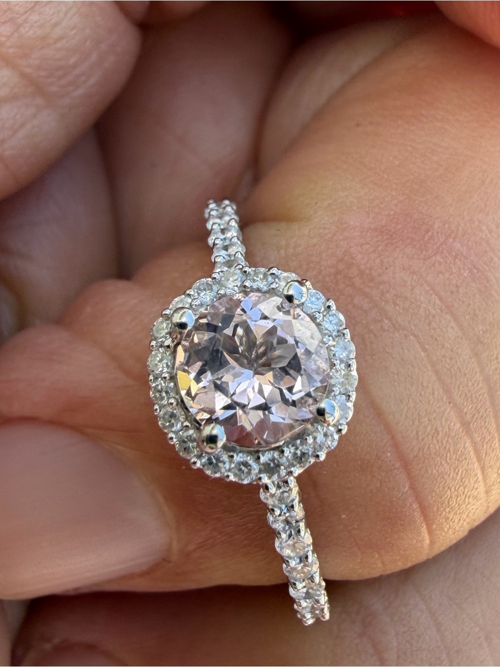 Sterling Silver Pink Halo Morganite and Diamond Ring